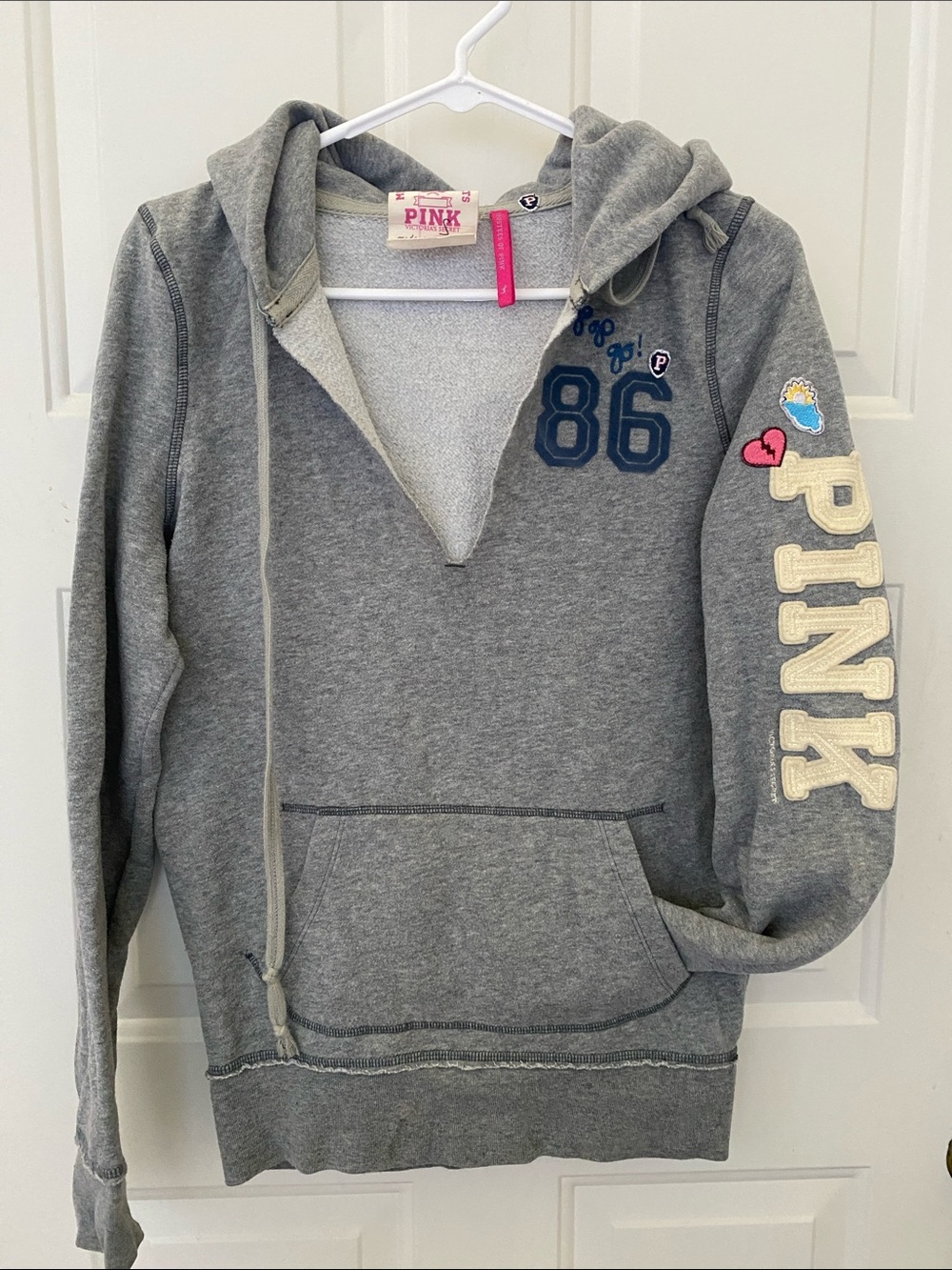PINK Victoria's Secret Gray Hoodie with Navy '86 and Cream Sleeve Chenille